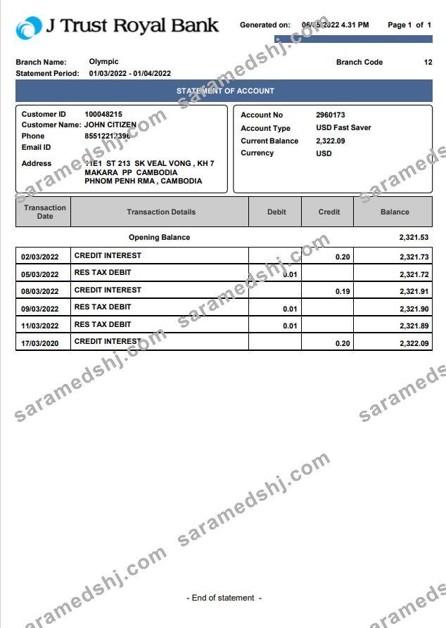 Cambodia J Trust Royal bank statement